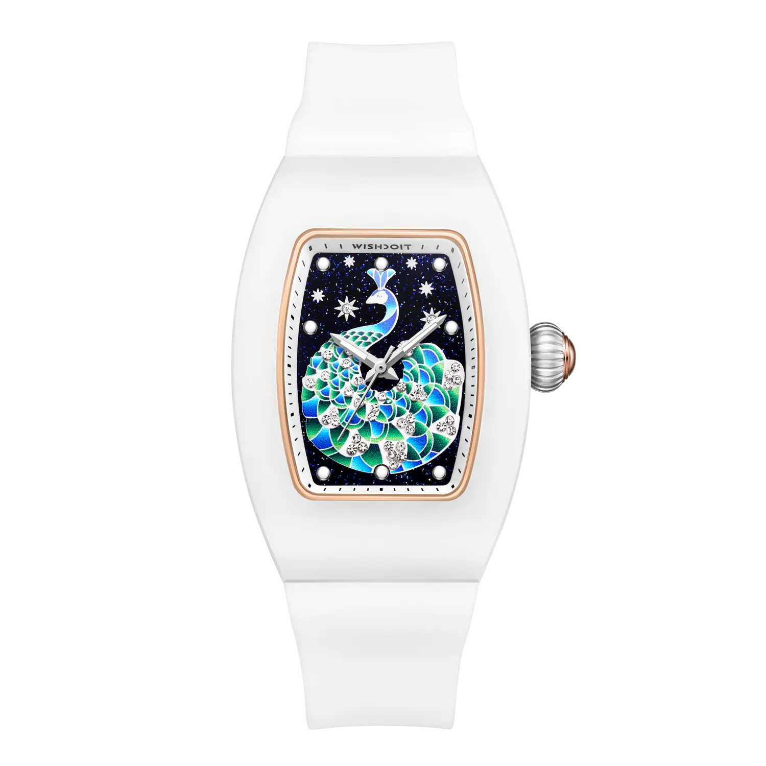 Wishdoit Watches Tonneau Affordable Best Women Chronograph l Peacock Plume Women's Watch|Starry Dial| Fluorine Rubber Watch Strap lWhite (White Strap)