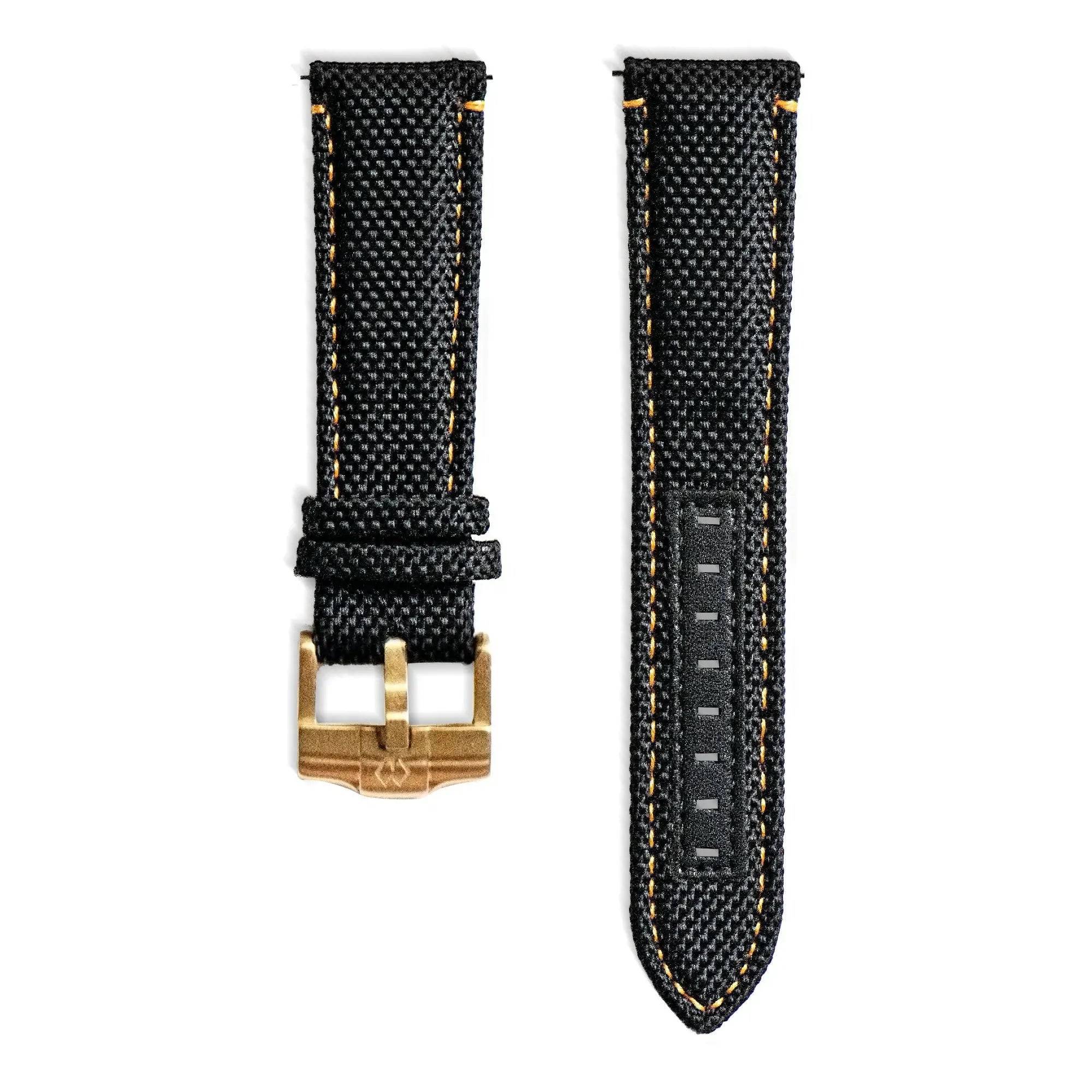 22mm Nylon Leather Watch Strap | Black (Gold Buckle) Wishdoit Watches