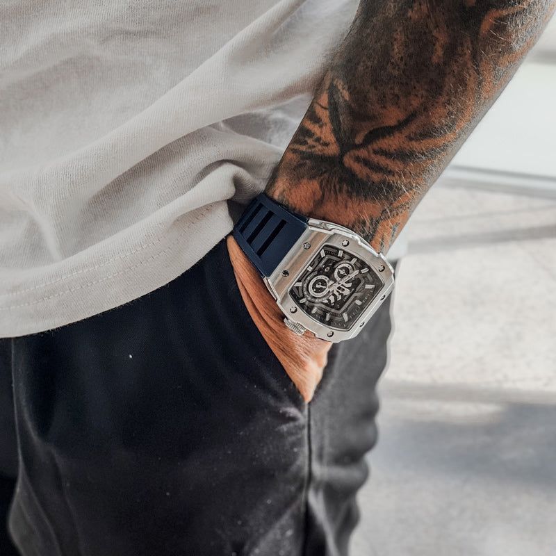 Wishdoit Watches Tonneau Affordable Best Mens Mechanical Full Speed Watch | Fluorine Rubber Watch Strap|Silvery (Blue Strap)