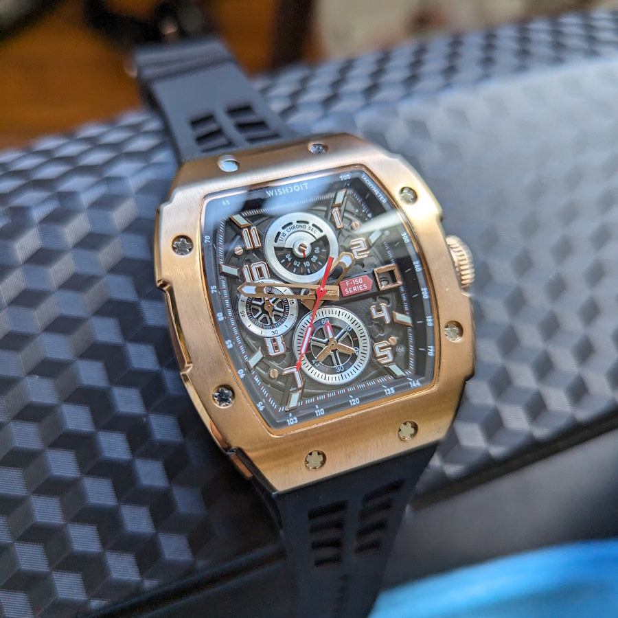 Wishdoit Watches Tonneau Affordable Best Men Chronograph F-150 Racing Watch | Fluorine Rubber Watch Strap|Gold