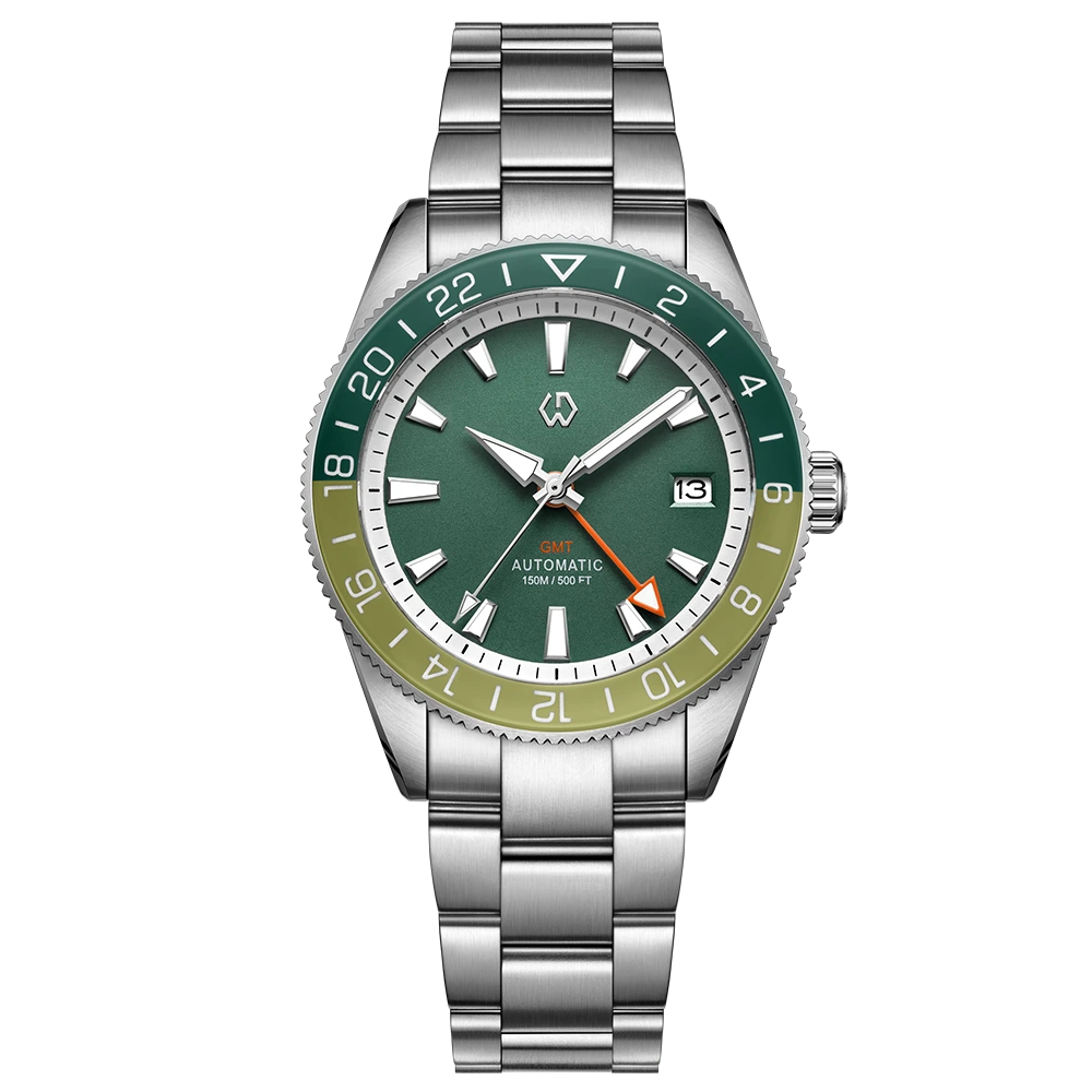 Wishdoit Watches Round Affordable Automatic Mechanical abyss voyager GMT automatic diver Watch | 316L Stainless Steel|marine moss(green dial)