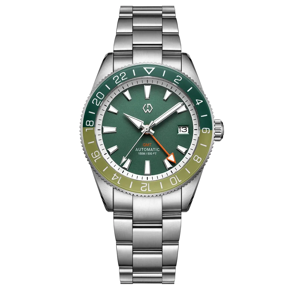 Wishdoit Watches Round Affordable Automatic Mechanical abyss voyager GMT automatic diver Watch | 316L Stainless Steel|marine moss(green dial)