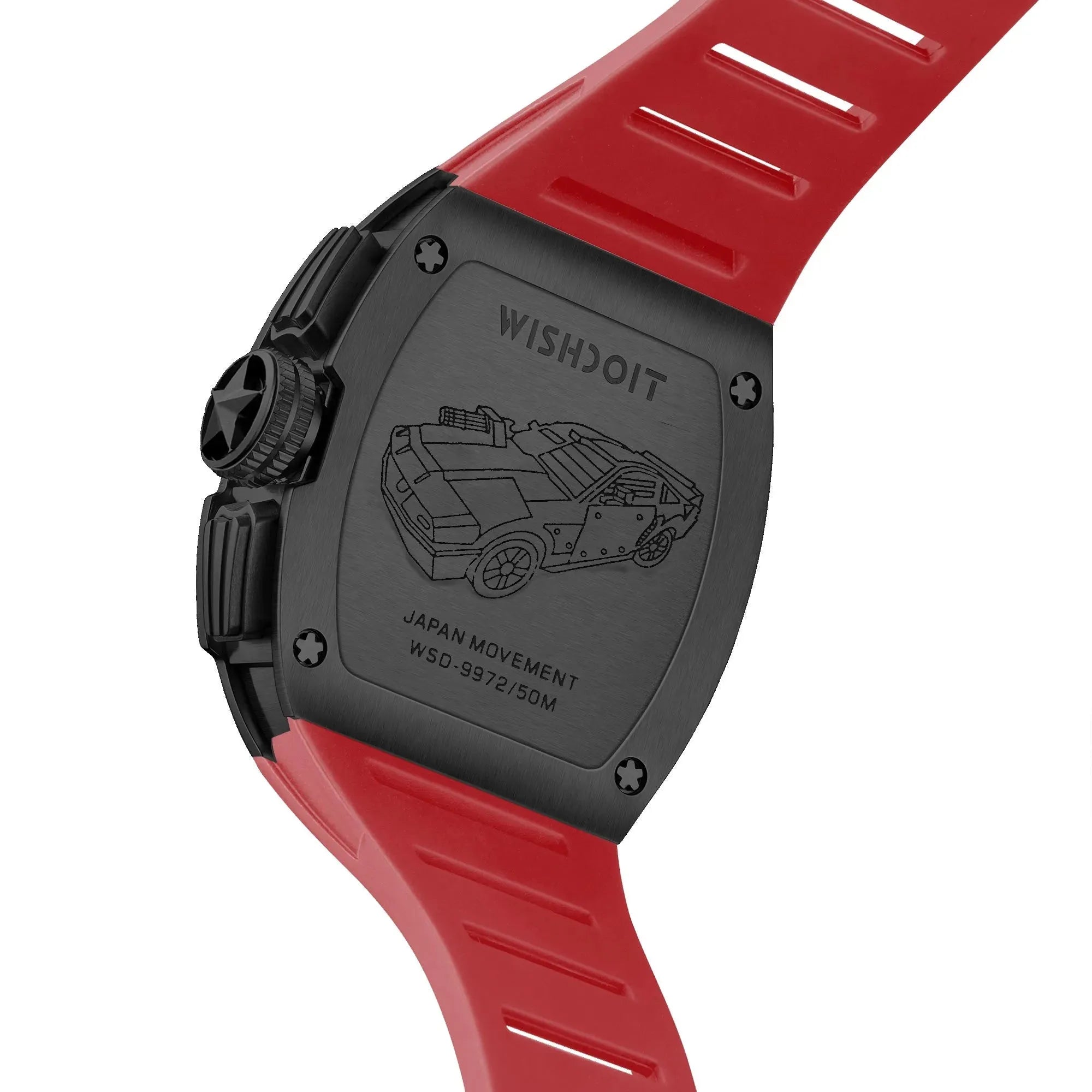 Wishdoit Watches Tonneau Affordable Best Men Chronograph GT 2.0 Racing Watch | Fluorine Rubber Watch Strap|Black (Red Strap),WSD9972:EG,