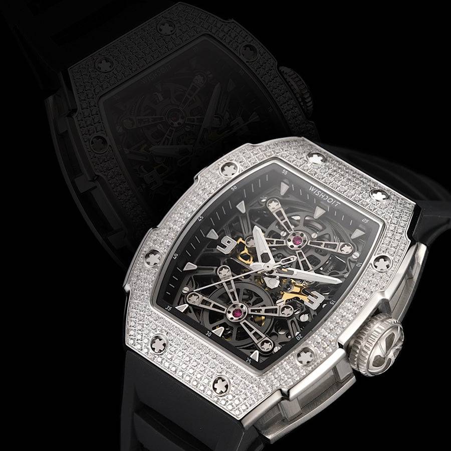 Wishdoit Watches Tonneau Luxury Automatic Mechanical Customized Case Captain Watch | Fluorine Rubber Watch Strap|Silvery(Black Strap)