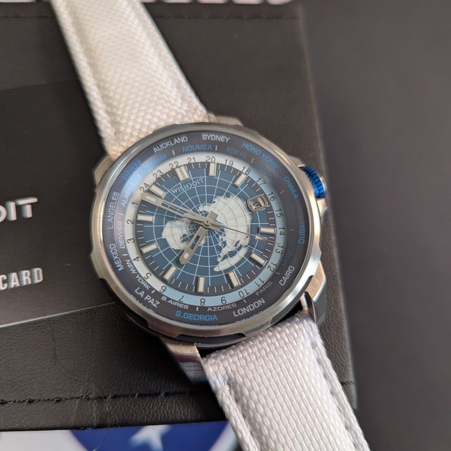 Wishdoit Watches Round Affordable Automatic Mechanical World Time GMT Sapphire Watch | Nylon Genuine Leather Watch Strap| Silvery (White Strap)