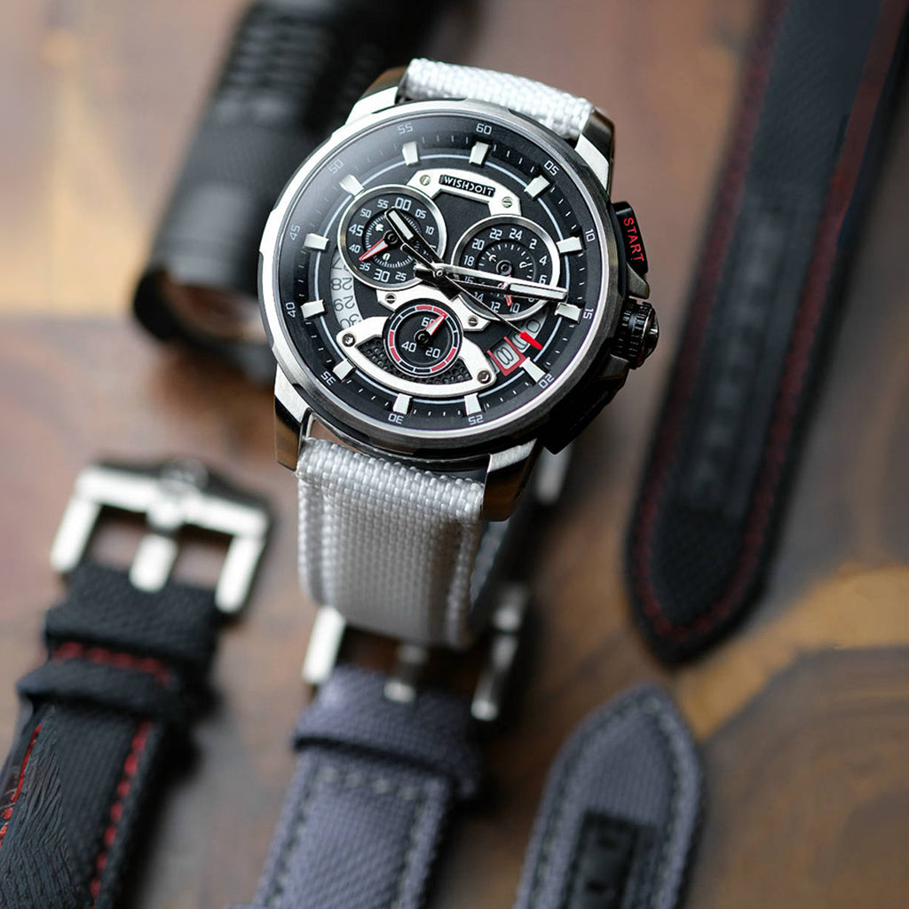 Wishdoit Watches Tonneau Affordable Best Mens Chronograph Racing | GT40 Chrono-Silvery Watch (White Strap)