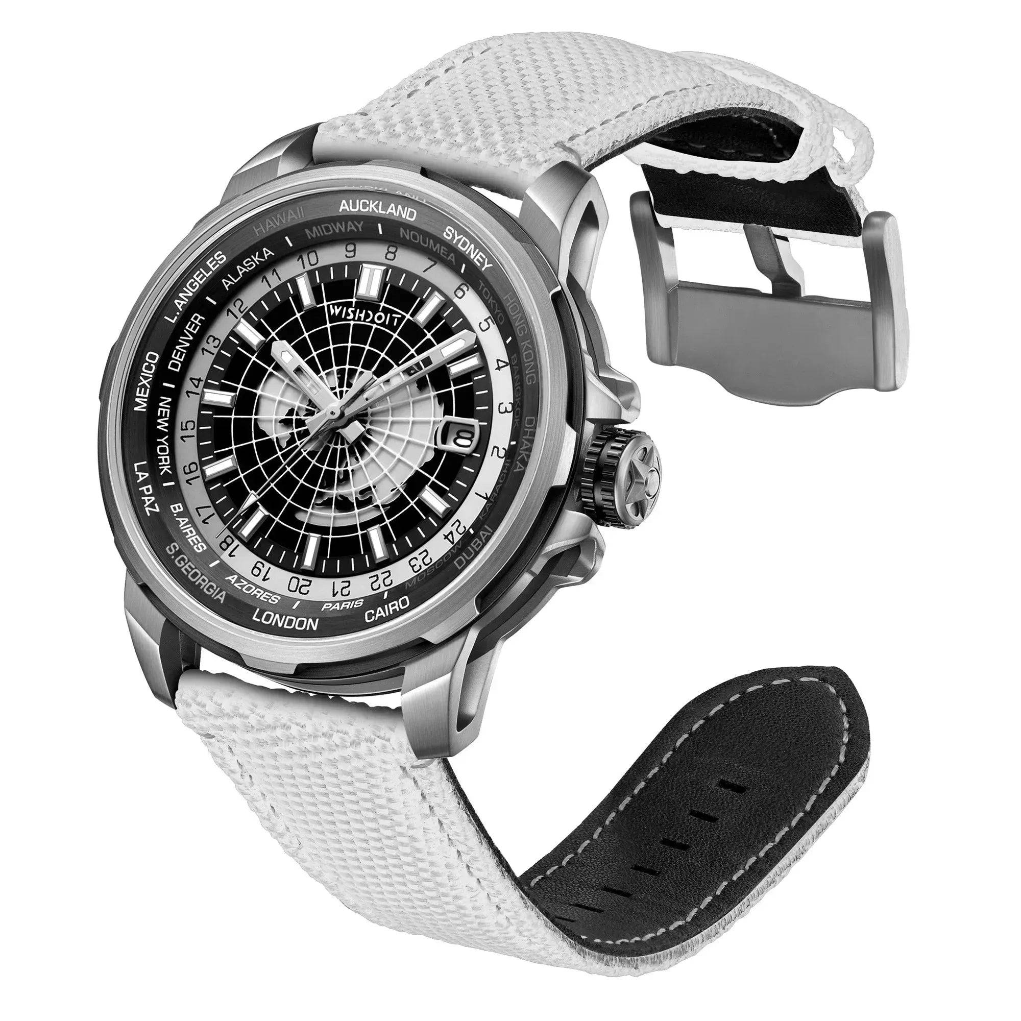 Wishdoit Watches Round Affordable Automatic Mechanical World Time GMT Sapphire Watch | Nylon Genuine Leather Watch Strap| Grey
