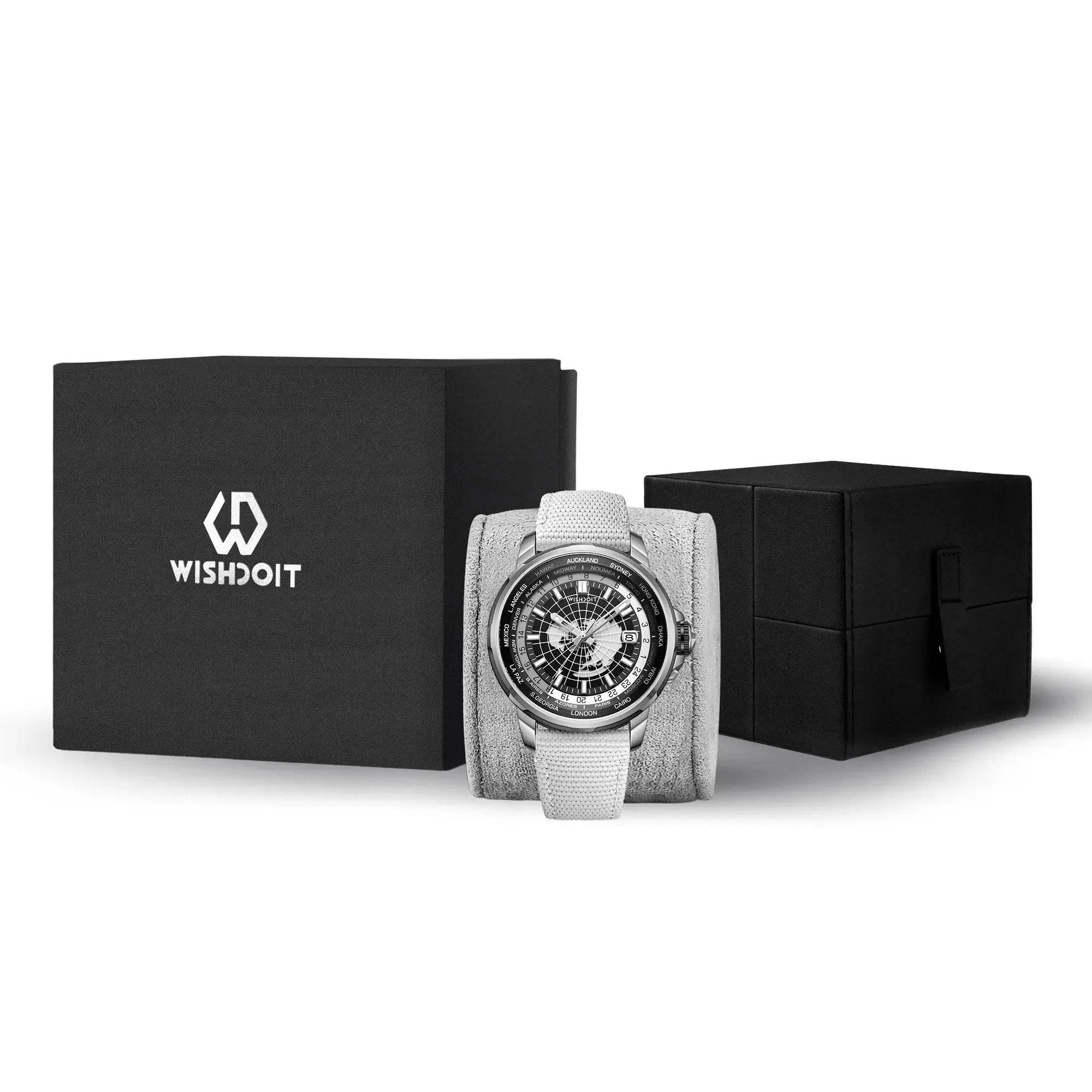 Wishdoit Watches Round Affordable Automatic Mechanical World Time GMT Sapphire Watch | Nylon Genuine Leather Watch Strap| Grey