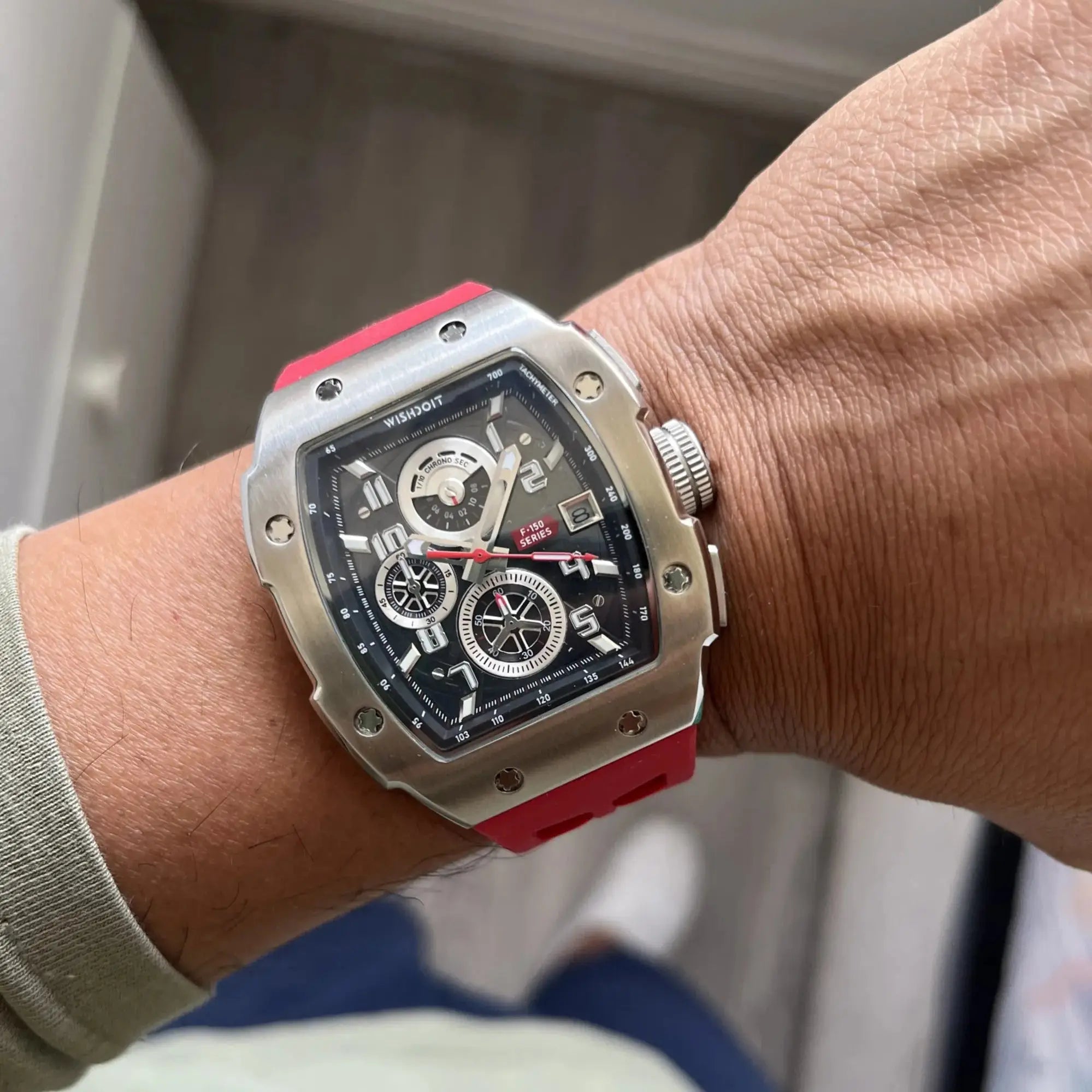Wishdoit Watches Tonneau Affordable Best Men Chronograph F-150 Racing Watch | Fluorine Rubber Watch Strap|Silvery ,WSD9936:EC,