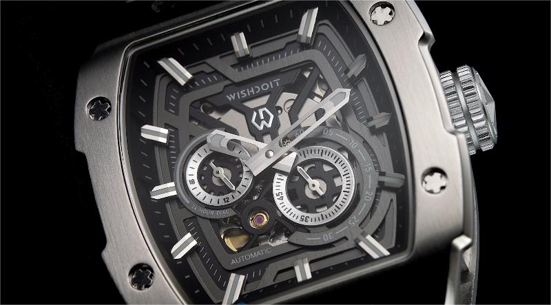 Wishdoit Watches Tonneau Affordable Best Mens Mechanical Full Speed Watch | Fluorine Rubber Watch Strap|Silvery 