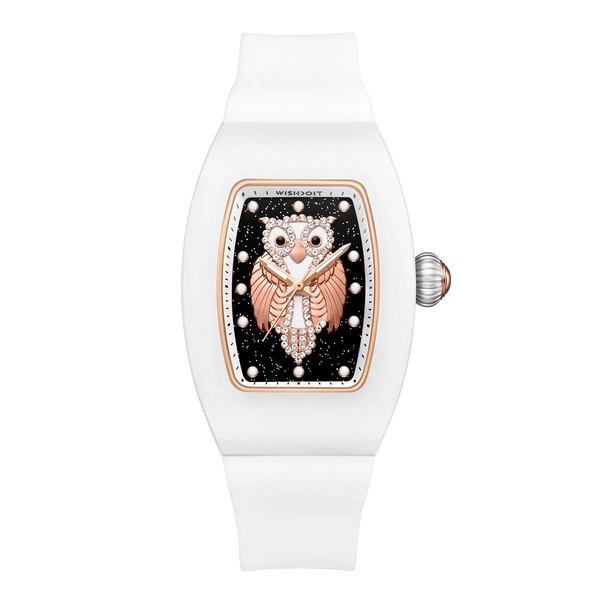 Wishdoit Watches Tonneau Affordable Best Women Chronograph l Owl Women's Ceramic Watches|Starry Dial|Fluorine Rubber (White Strap), WSD9998:EB,