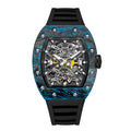Captain Kidd Forged Carbon Lume Tonneau Skeleton Mechanical Watch Carbon Ice Blue with Black strap