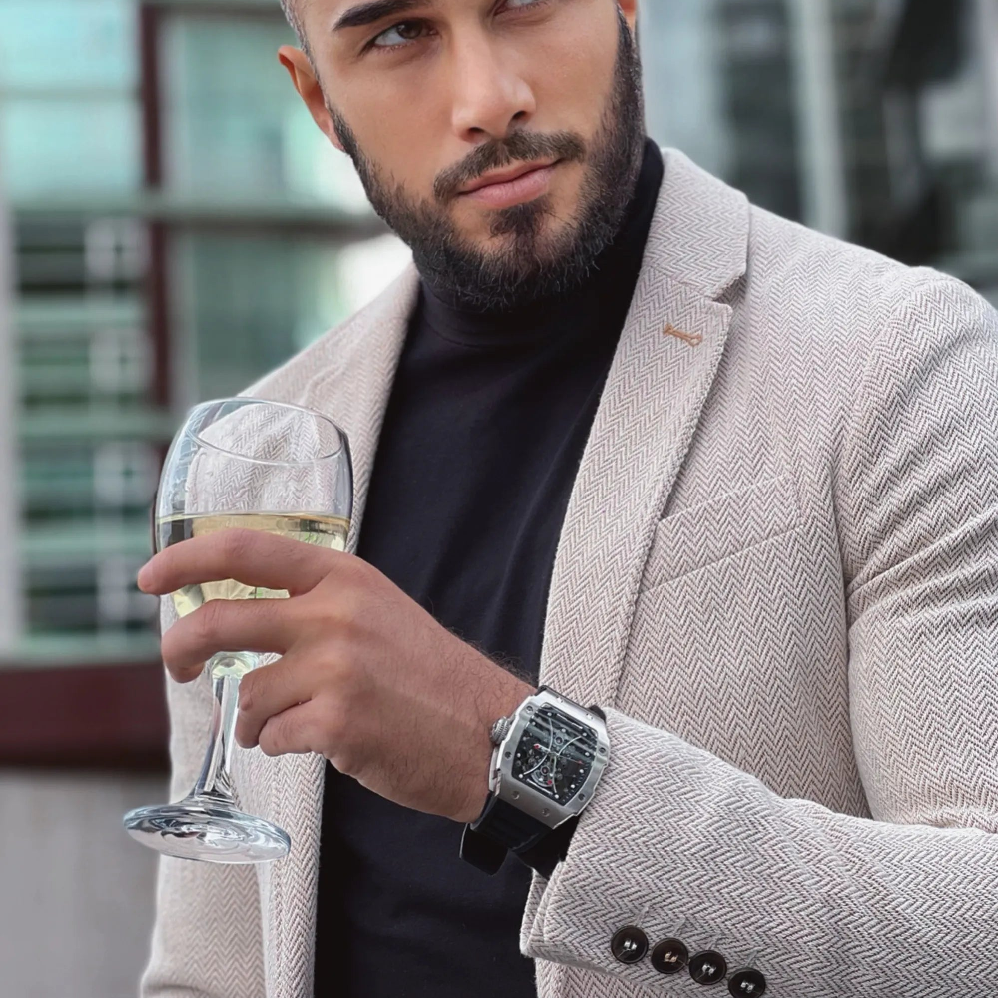 Wishdoit Watches Tonneau Affordable Best Men Hourglass Chronograph Skeleton| Fluorine Rubber Watch Strap|Silvery(Black Strap)