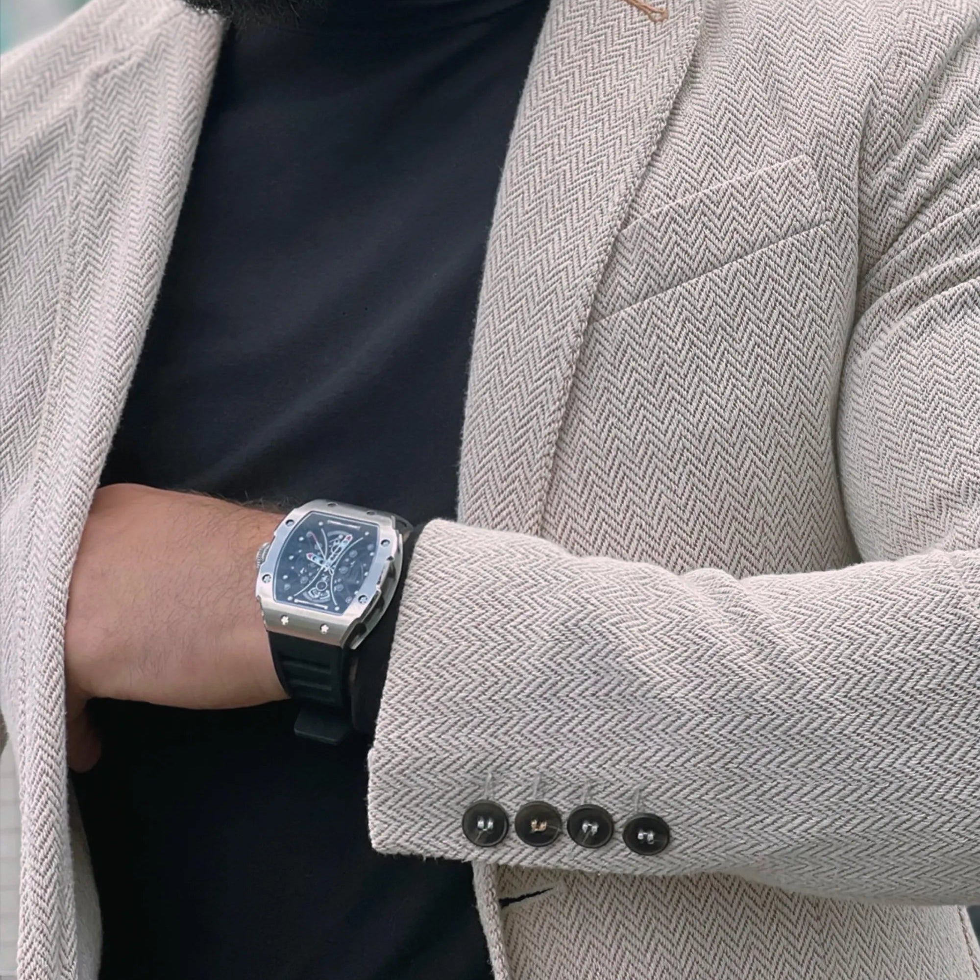 Wishdoit Watches Tonneau Affordable Best Men Hourglass Chronograph Skeleton| Fluorine Rubber Watch Strap|Silvery(Black Strap)