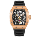 Wishdoit Watches Tonneau Luxury Automatic Mechanical Aerial Prism Skeleton watch | Fluorine Rubber Watch Strap|Rose Gold (Black Strap),WSD9995:EC,