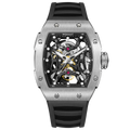 Wishdoit Watches Tonneau Luxury Automatic Mechanical Aerial Prism Skeleton watch | Fluorine Rubber Watch Strap|Silvery (Black Strap),WSD9995:EA,