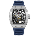 Wishdoit Watches Tonneau Luxury Automatic Mechanical Aerial Prism Skeleton watch | Fluorine Rubber Watch Strap|Silvery (Blue Strap),WSD9995:EE,