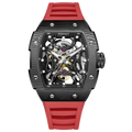Wishdoit Watches Tonneau Luxury Automatic Mechanical Aerial Prism Skeleton watch | Fluorine Rubber Watch Strap|Black (Red Strap),WSD9995:EG,
