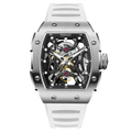Wishdoit Watches Tonneau Luxury Automatic Mechanical Aerial Prism Skeleton watch | Fluorine Rubber Watch Strap|Silvery (White Strap),WSD9995:EF,