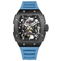 Wishdoit Watches Tonneau Luxury Automatic Mechanical Aerial Prism Skeleton watch | Fluorine Rubber Watch Strap|Black (Light Blue Strap),WSD9995:EH,