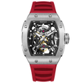 Wishdoit Watches Tonneau Luxury Automatic Mechanical Aerial Prism Skeleton watch | Fluorine Rubber Watch Strap|Silvery (Red Strap),WSD9995:ED,