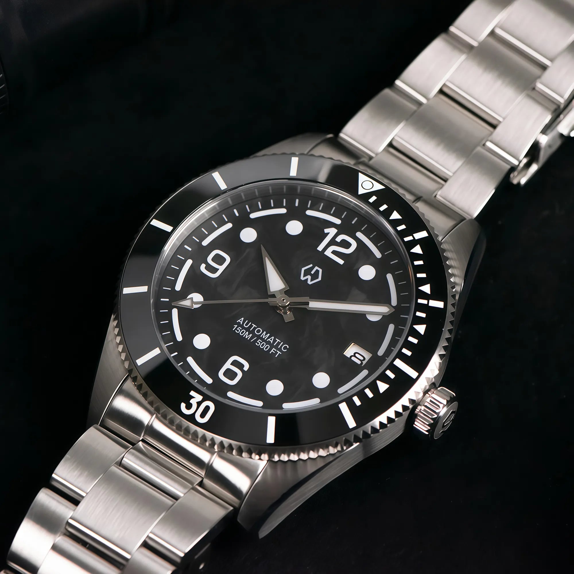 Wishdoit Watches Round Affordable AquaVolt Dive Automatic Bright Lume Mechanical Dive Watch|316L Stainless Steel|Black Watch