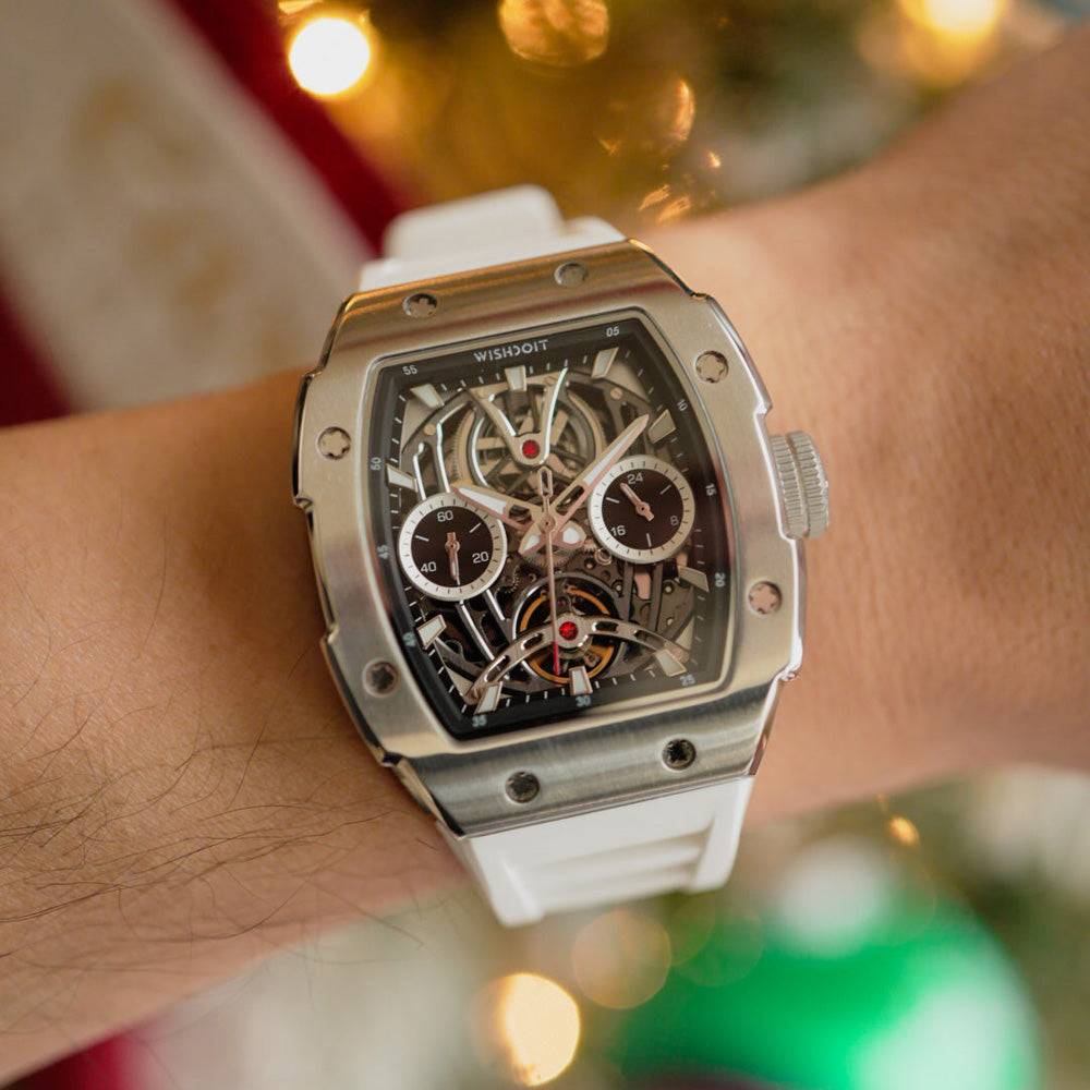 Wishdoit Watches Tonneau Affordable Best Mens Mechanical Pioneer Watch | Fluorine Rubber Watch Strap|Silvery