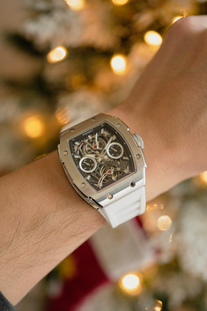Wishdoit Watches Tonneau Affordable Best Mens Mechanical Pioneer Watch | Fluorine Rubber Watch Strap|Silvery (White Strap)