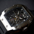 Wishdoit Watches Tonneau Luxury Automatic Mechanical Aerial Prism Skeleton watch | Fluorine Rubber Watch Strap|Silvery (Black Strap)