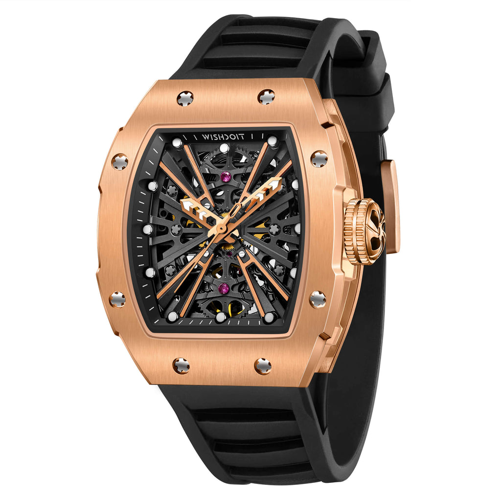 Wishdoit Watches Tonneau Luxury Automatic Mechanical X Series Watch | Fluorine Rubber Watch Strap|Gold 