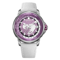 Wishdoit Watches Round Affordable Automatic Mechanical World Time GMT Sapphire Watch | Nylon Genuine Leather Watch Strap| Silvery|Purple Watch|(White Strap),WSD9970:BE,