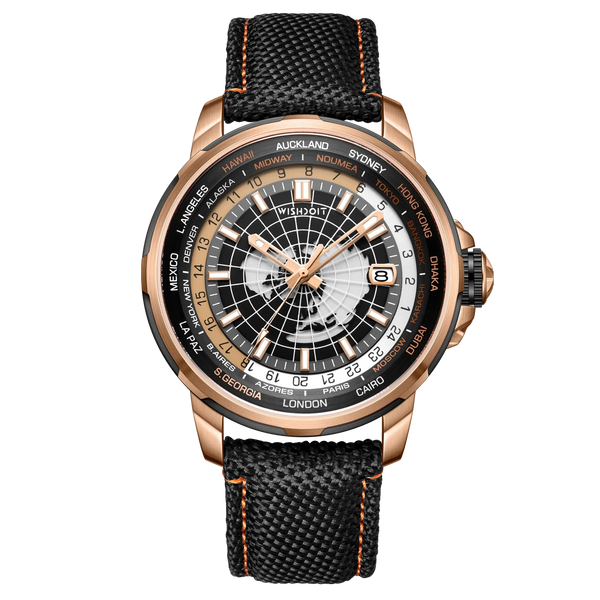 Wishdoit Watches Round Affordable Automatic Mechanical World Time GMT Sapphire Watch | Nylon Genuine Leather Watch Strap|Rose Gold ,WSD9970:BA,