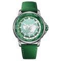 Wishdoit Watches Round Affordable Automatic Mechanical World Time GMT Sapphire Watch | Nylon Genuine Leather Watch Strap| Silvery|Green Watch|(Green Strap),WSD9970:BF,