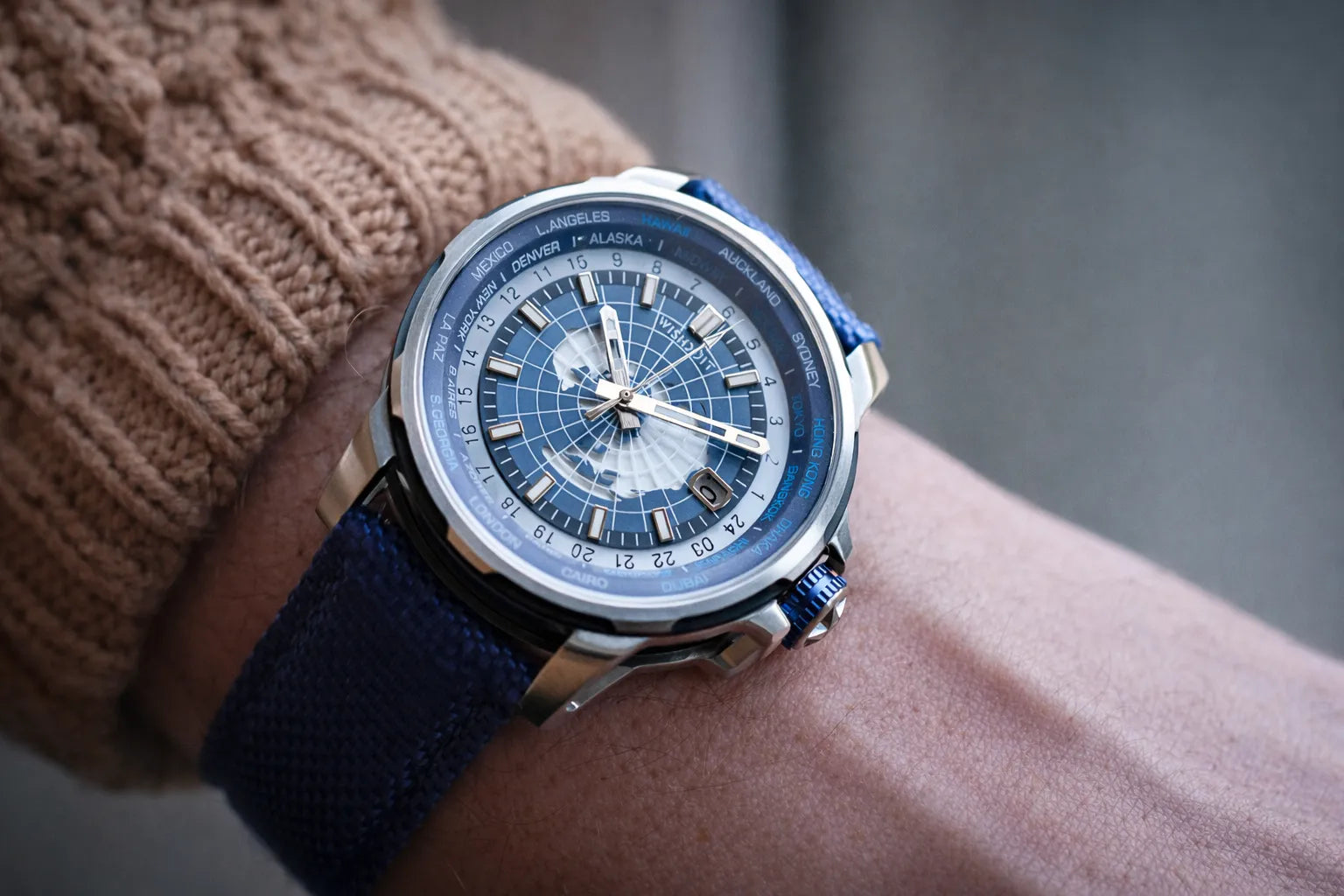 Wishdoit Watches Round Affordable Automatic Mechanical World Time GMT Sapphire Watch | Nylon Genuine Leather Watch Strap| Silvery (Blue Strap)