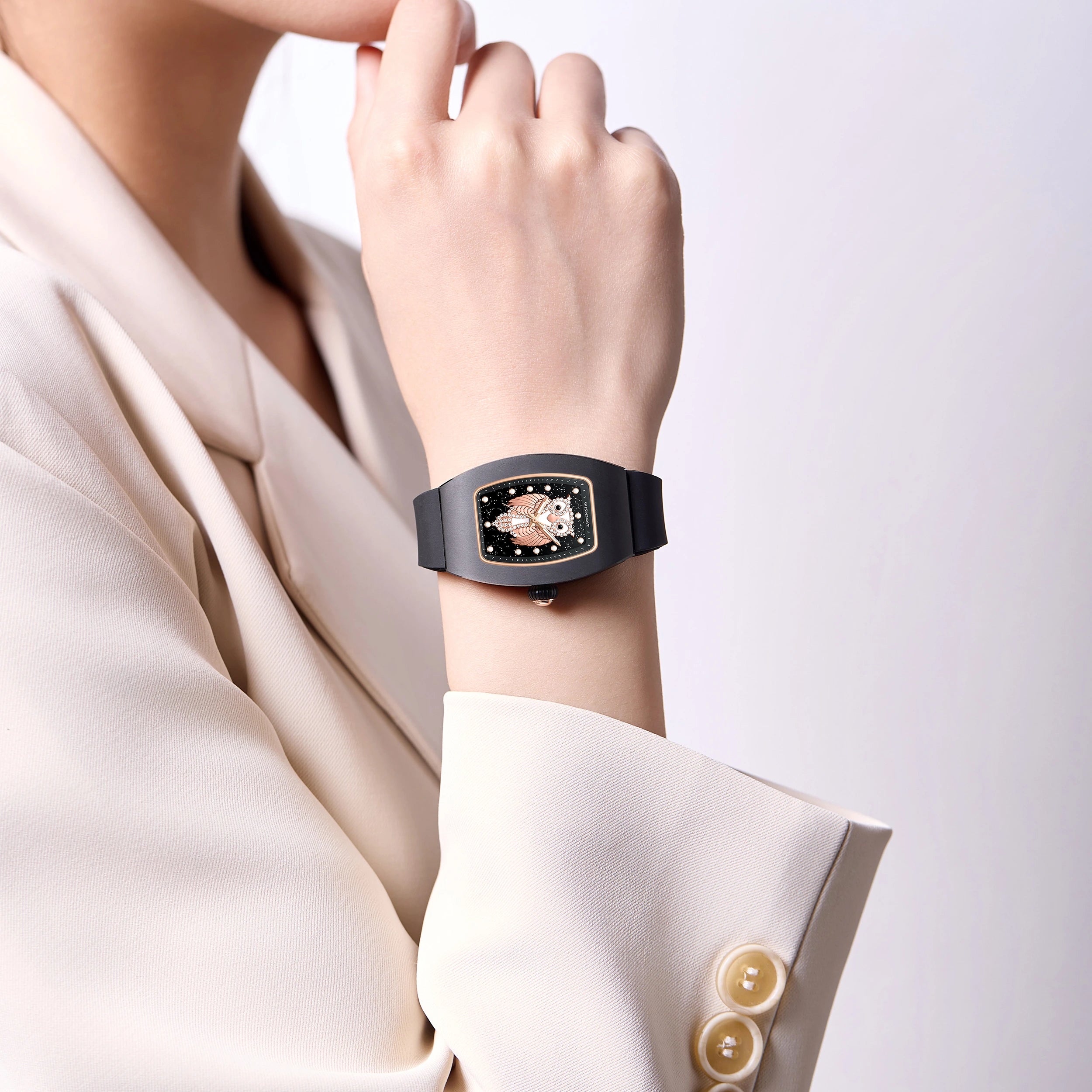 Wishdoit Watches Tonneau Affordable Best Women Chronograph l Owl Women's Ceramic Watches|Starry Dial| Fluorine Rubber Watch StraplBlack（Black Strap）