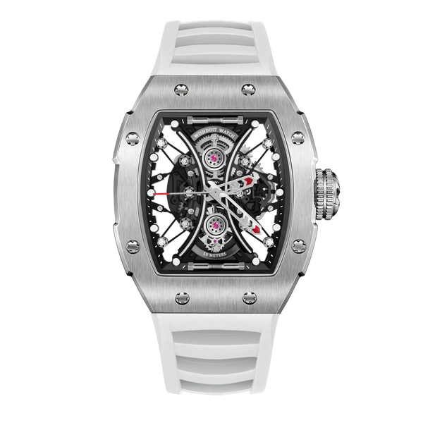 Hourglass Skeleton Quartz Watch Silvery Watch-White Strap