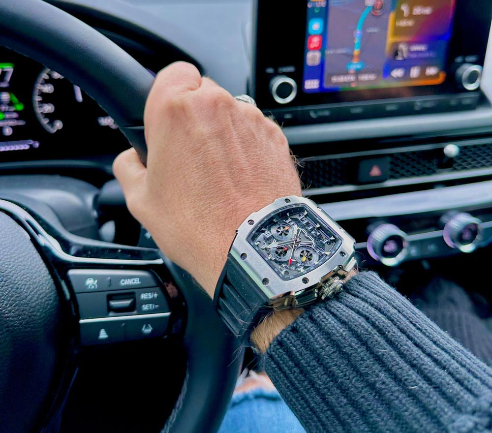 Wishdoit Watches Tonneau Affordable Best Mens Chronograph GT Racing Watch | Fluorine Rubber Watch Strap|Silvery 