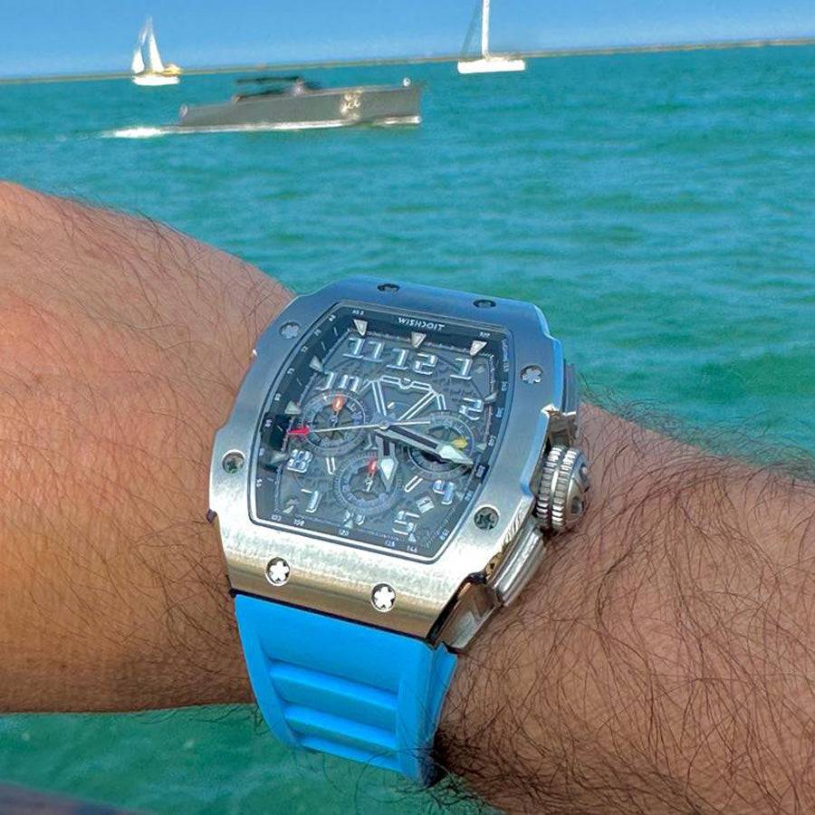 Wishdoit Watches Tonneau Affordable Best Mens Chronograph F-150 Racing Watch | Fluorine Rubber Watch Strap|Silvery 
