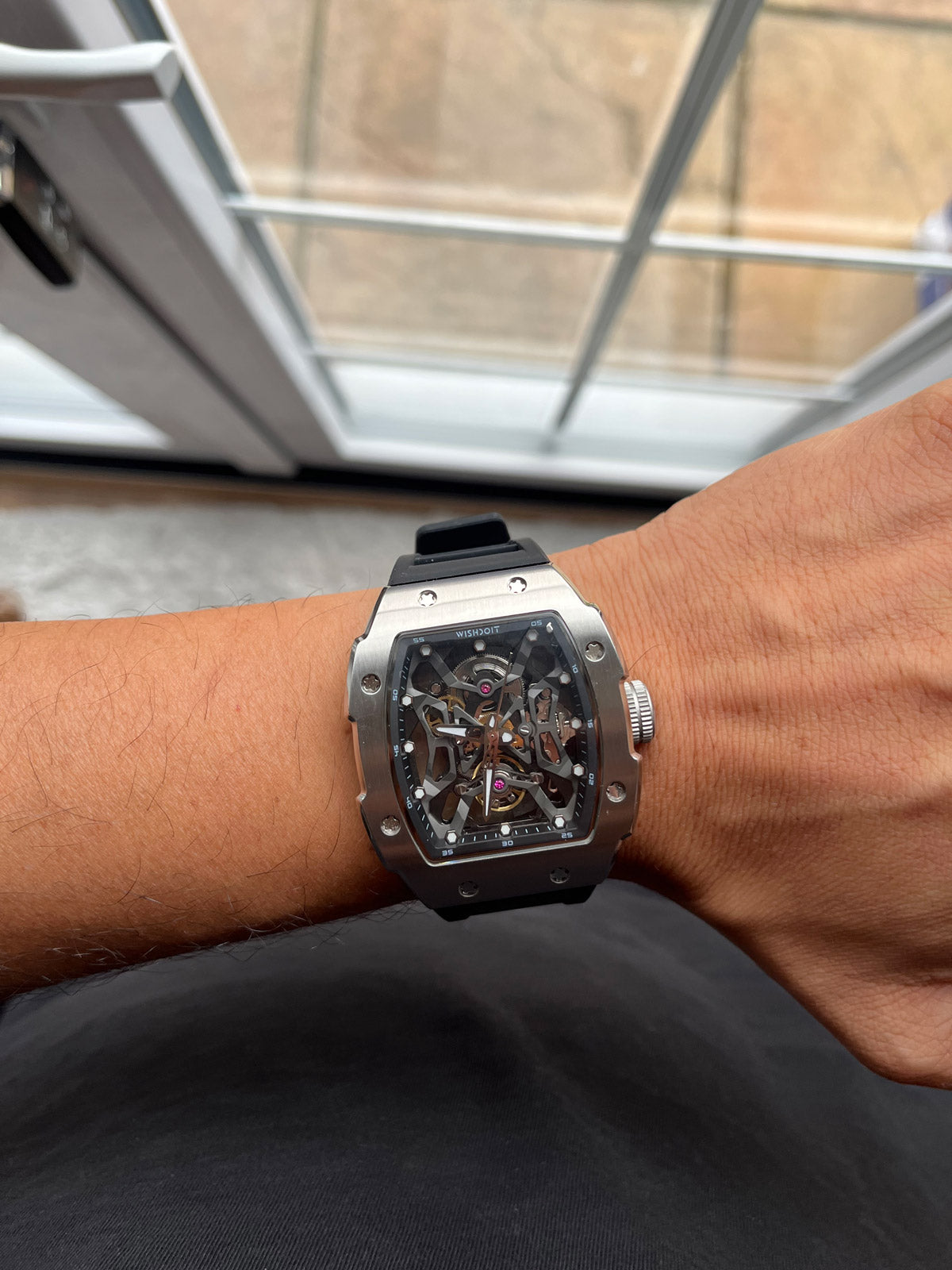 Wishdoit Watches Tonneau Luxury Automatic Mechanical Aerial Prism Skeleton watch | Fluorine Rubber Watch Strap|Silvery (Black Strap)