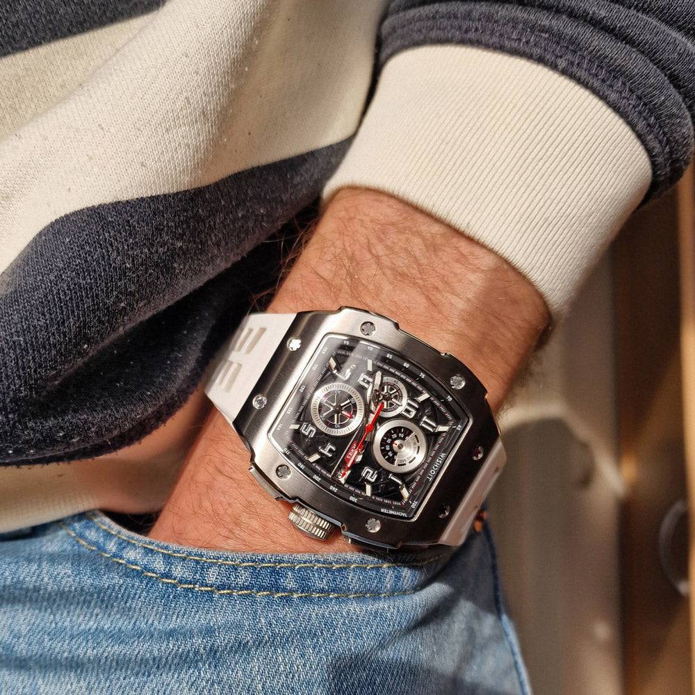 Wishdoit Watches Tonneau Affordable Best Mens Chronograph F-150 Racing Watch | Fluorine Rubber Watch Strap|Silvery(White Strap)