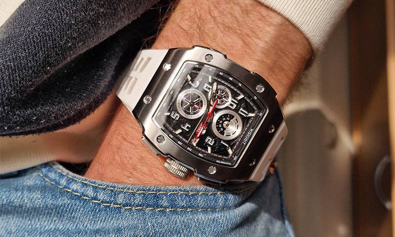 Wishdoit Watches Tonneau Affordable Best Mens Chronograph F-150 Racing Watch | Fluorine Rubber Watch Strap|Silvery (Blue Strap)