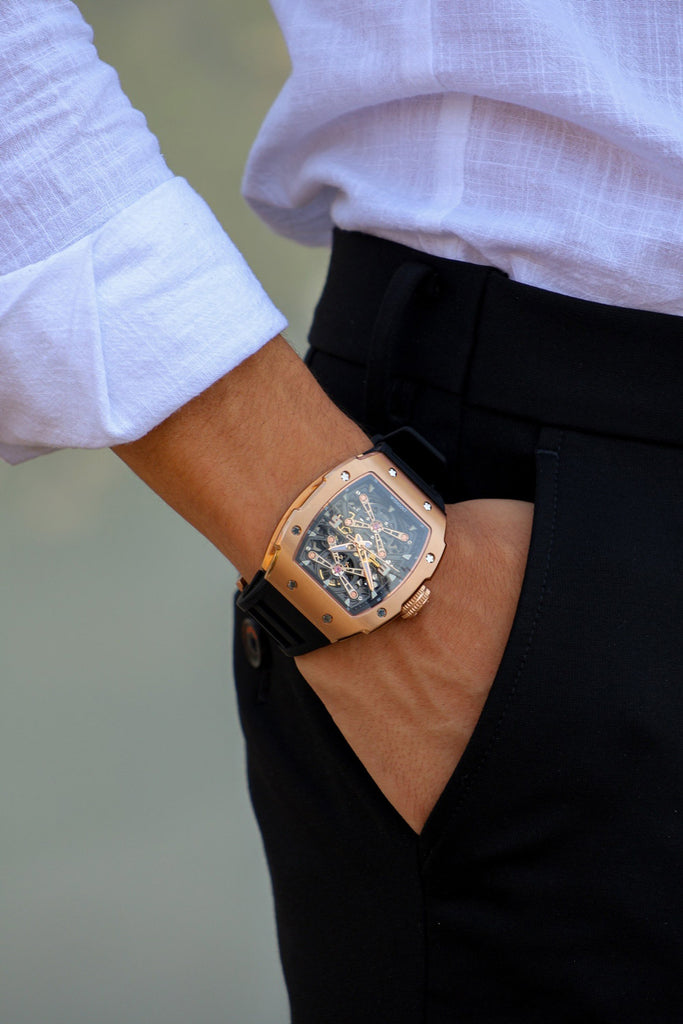 Wishdoit Watches Tonneau Luxury Automatic Mechanical Captain Watch | Fluorine Rubber Watch Strap|Gold 