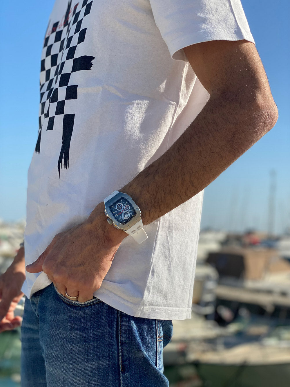 Wishdoit Watches Tonneau Affordable Best Mens Chronograph F-150 Racing Watch | Fluorine Rubber Watch Strap|Silvery(White Strap)