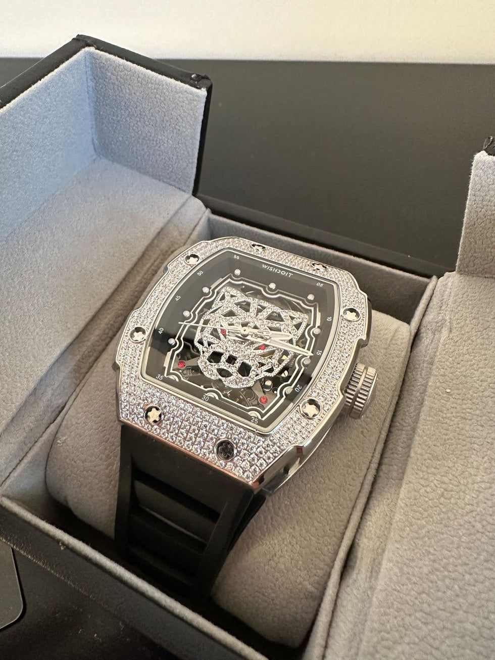 WISHDOIT SNOW LEAOPARD Diamond Mechanical Skeleton Tonneau Watch ...