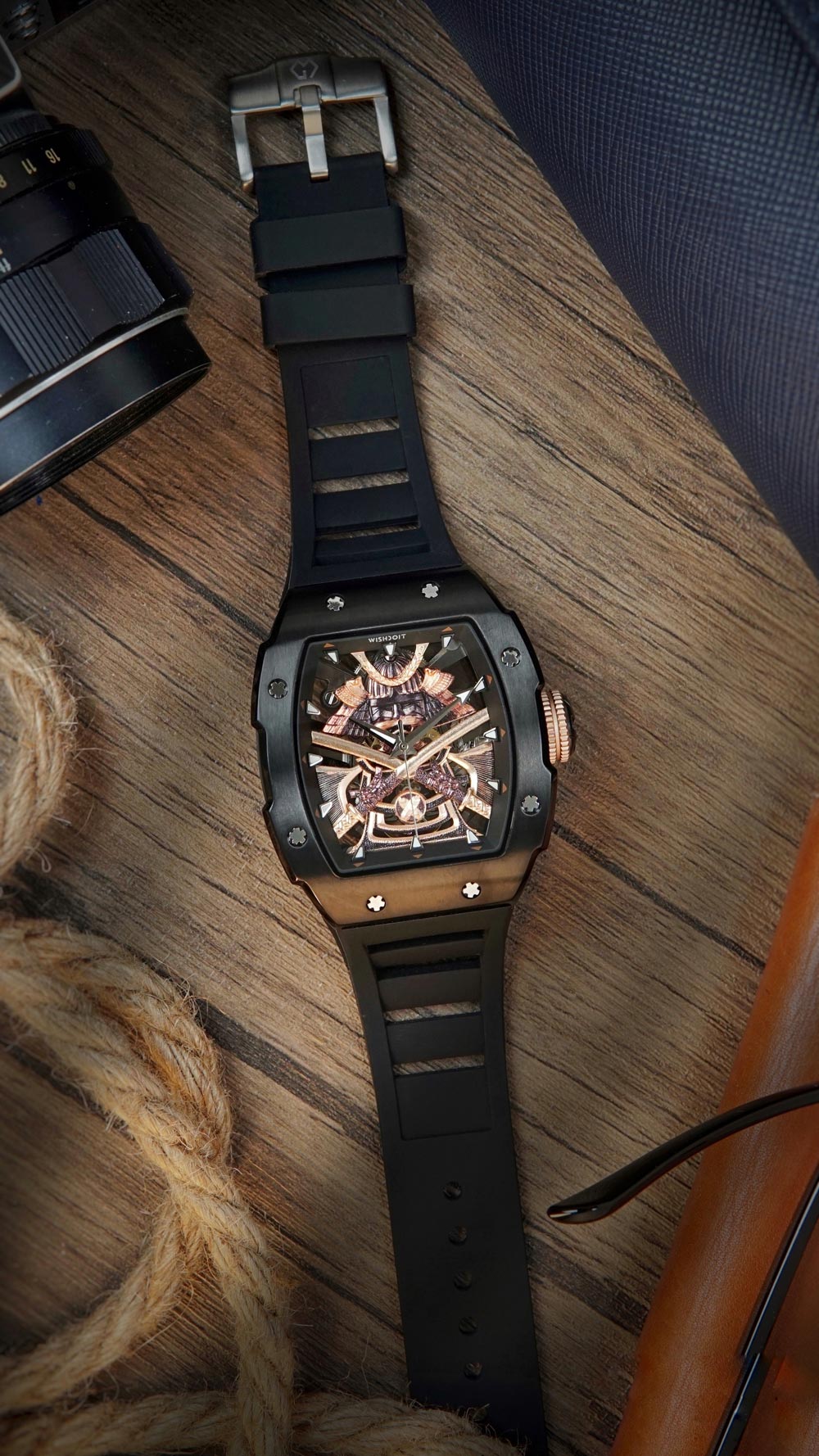 Wishdoit Watches Tonneau Luxury Mechanical Limited Armor Watch | Fluorine Rubber Watch Strap|Black 