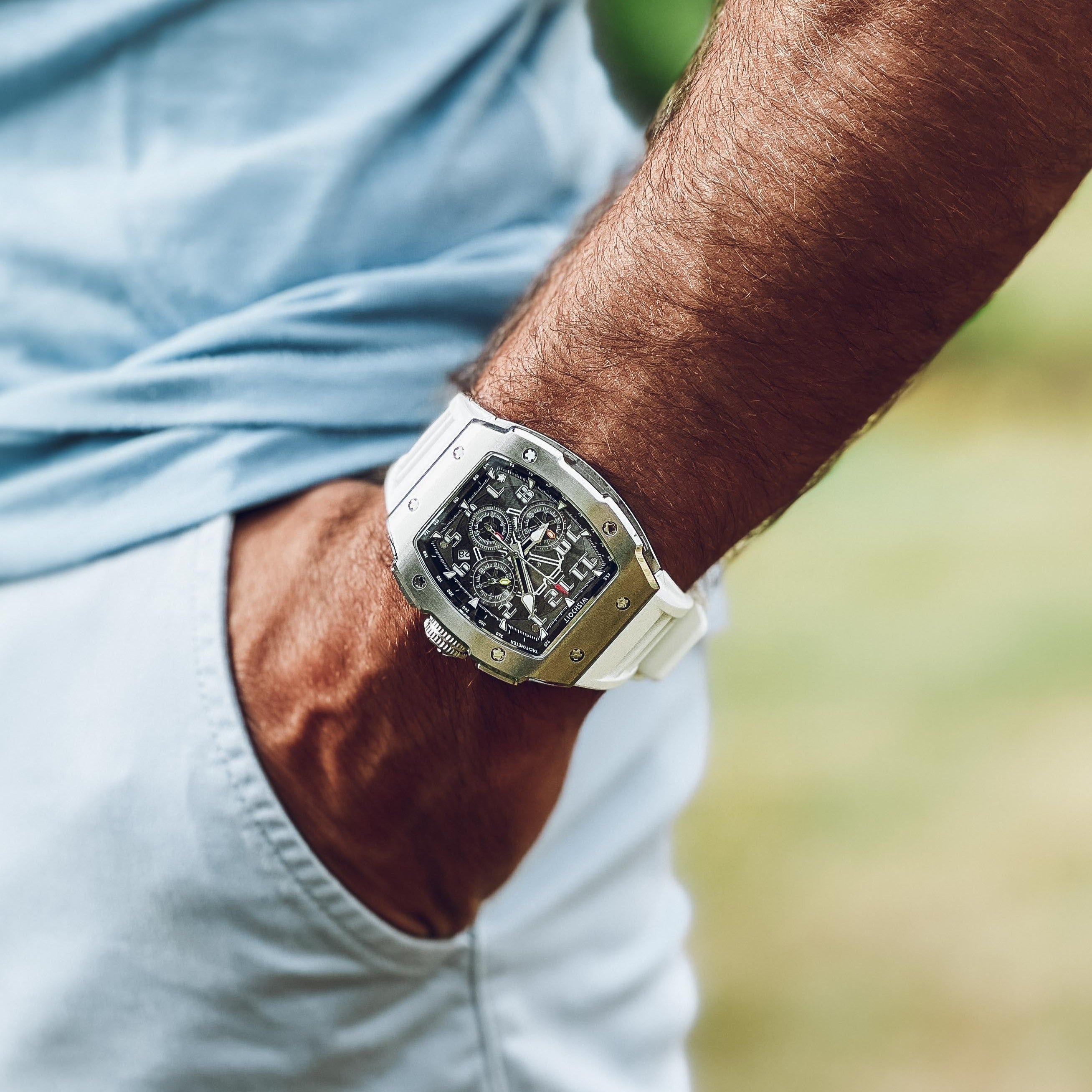 wishdoit racing GT chronograph watches silver white watch for men