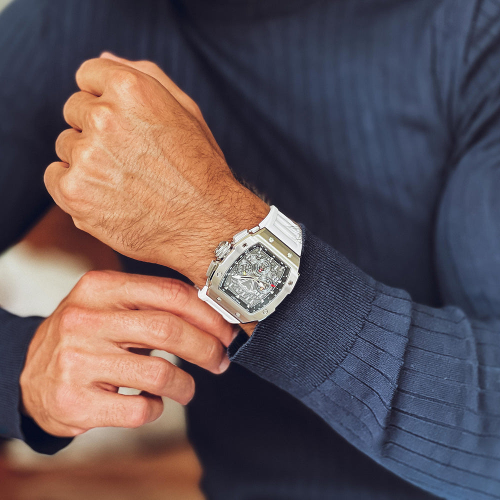 Wishdoit Watches Tonneau Affordable Best Mens Chronograph gt Racing Watch | Fluorine Rubber Watch Strap|Silvery 