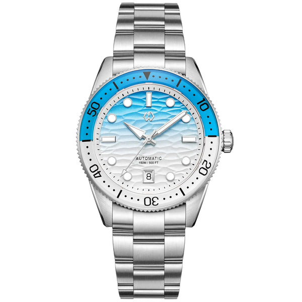 Wishdoit Watches Round Affordable tidewave Automatic diver watch with gradient wave | 316L Stainless Steel|blue,WSD9012:AA,