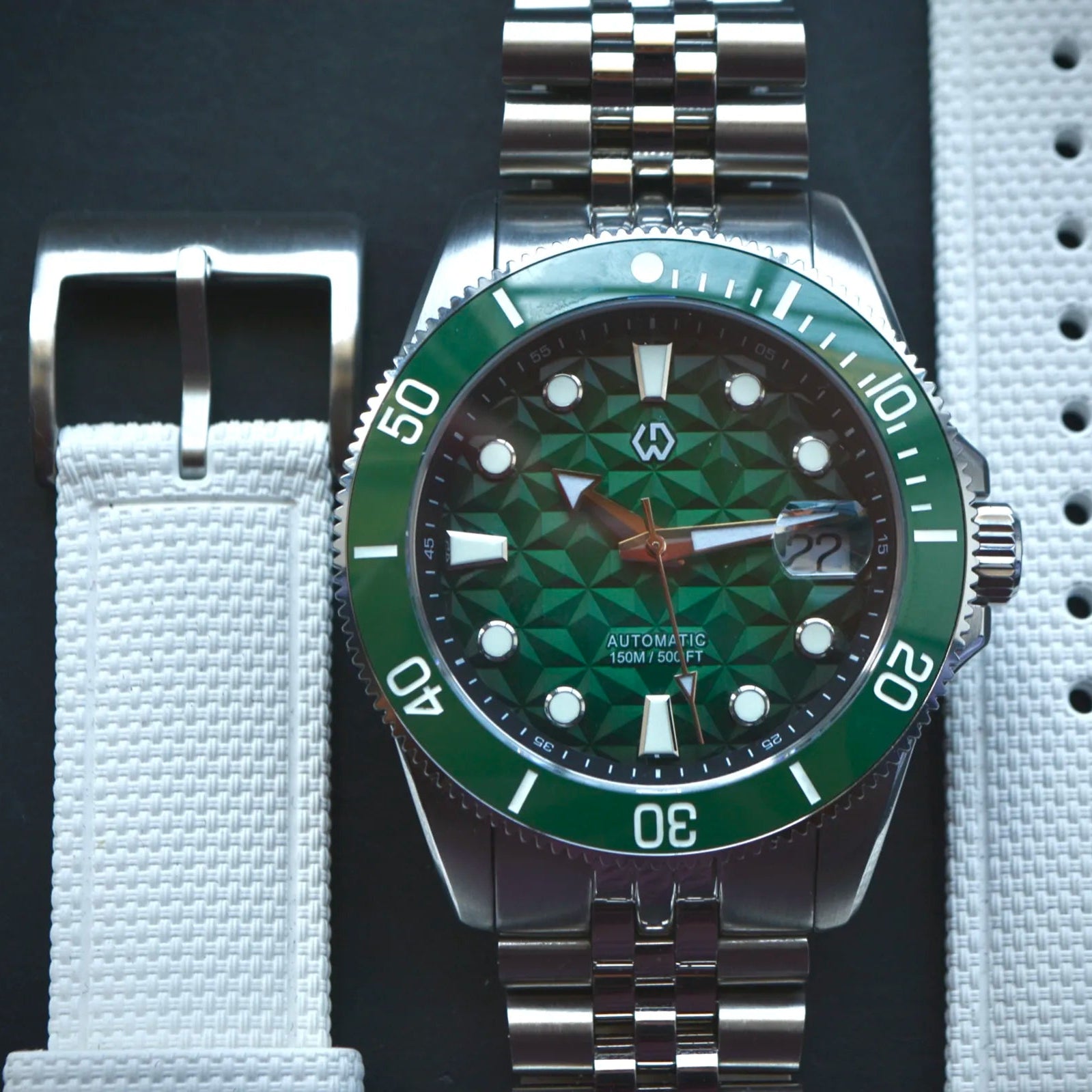 Wishdoit Watches Round Affordable Nereus Facet Automatic Diver Watch - Geometric Dial|316L Stainless Steel|Reef Green