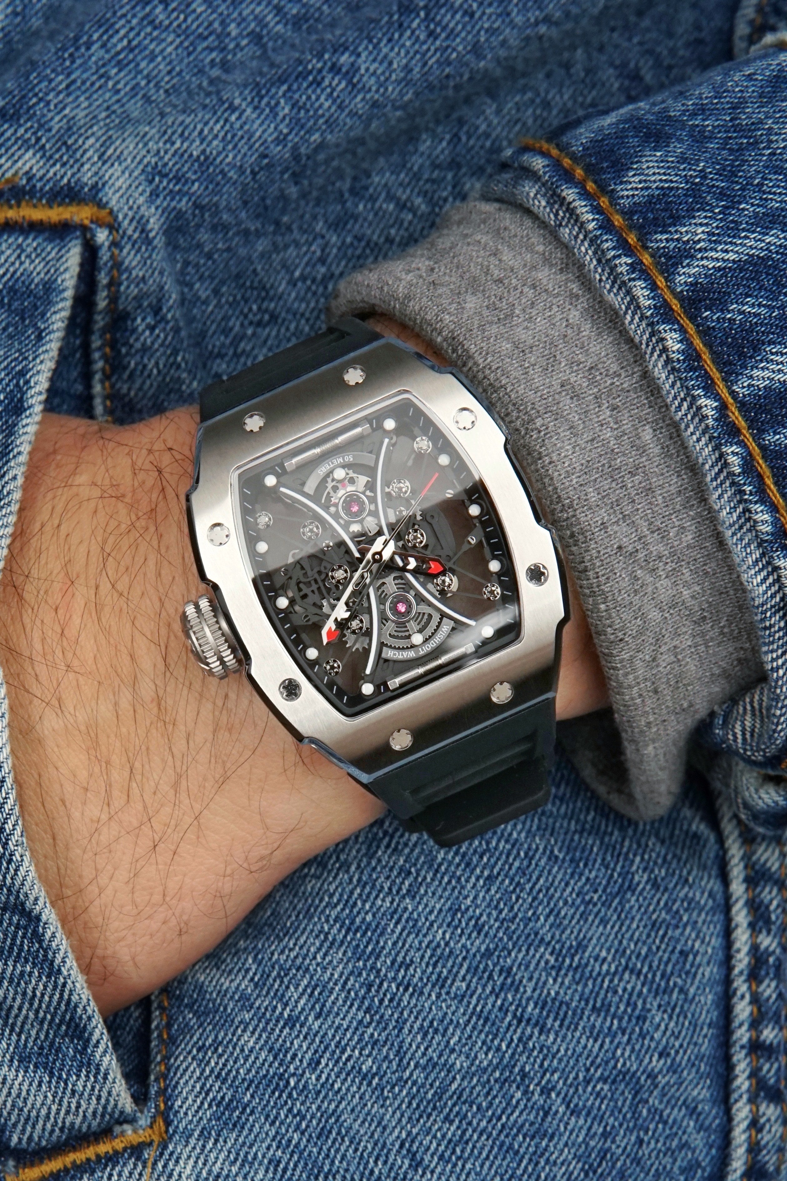 Wishdoit Watches Tonneau Affordable Best Men Hourglass Chronograph Skeleton| Fluorine Rubber Watch Strap|Silvery(Black Strap)